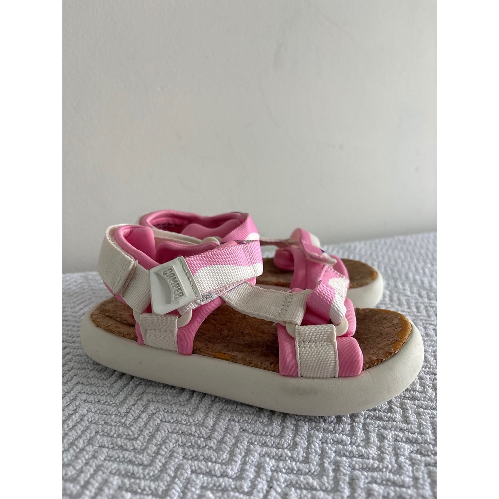 Camper Oruga Kids Sandals Pink White Striped Cork Footbed Sporty Strappy K800486
